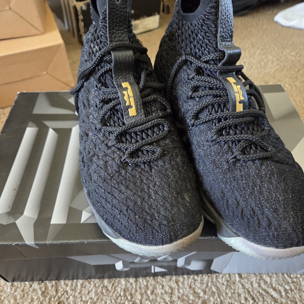 Nike Lebron James XV Black Knit Athletic Basketball Shoes with Gold Logo